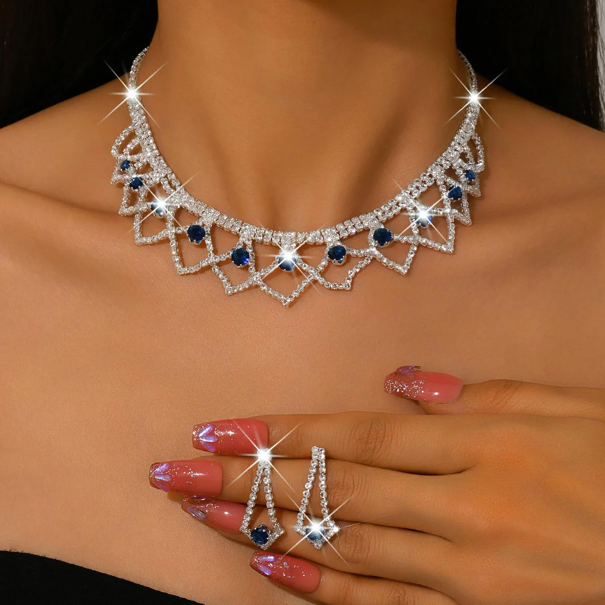Custom Luxury Diamond Fashion Jewelry Sets Earrings Necklaces for Women Set Sterling Silver Plated Gemstone Dainty Necklace view 3