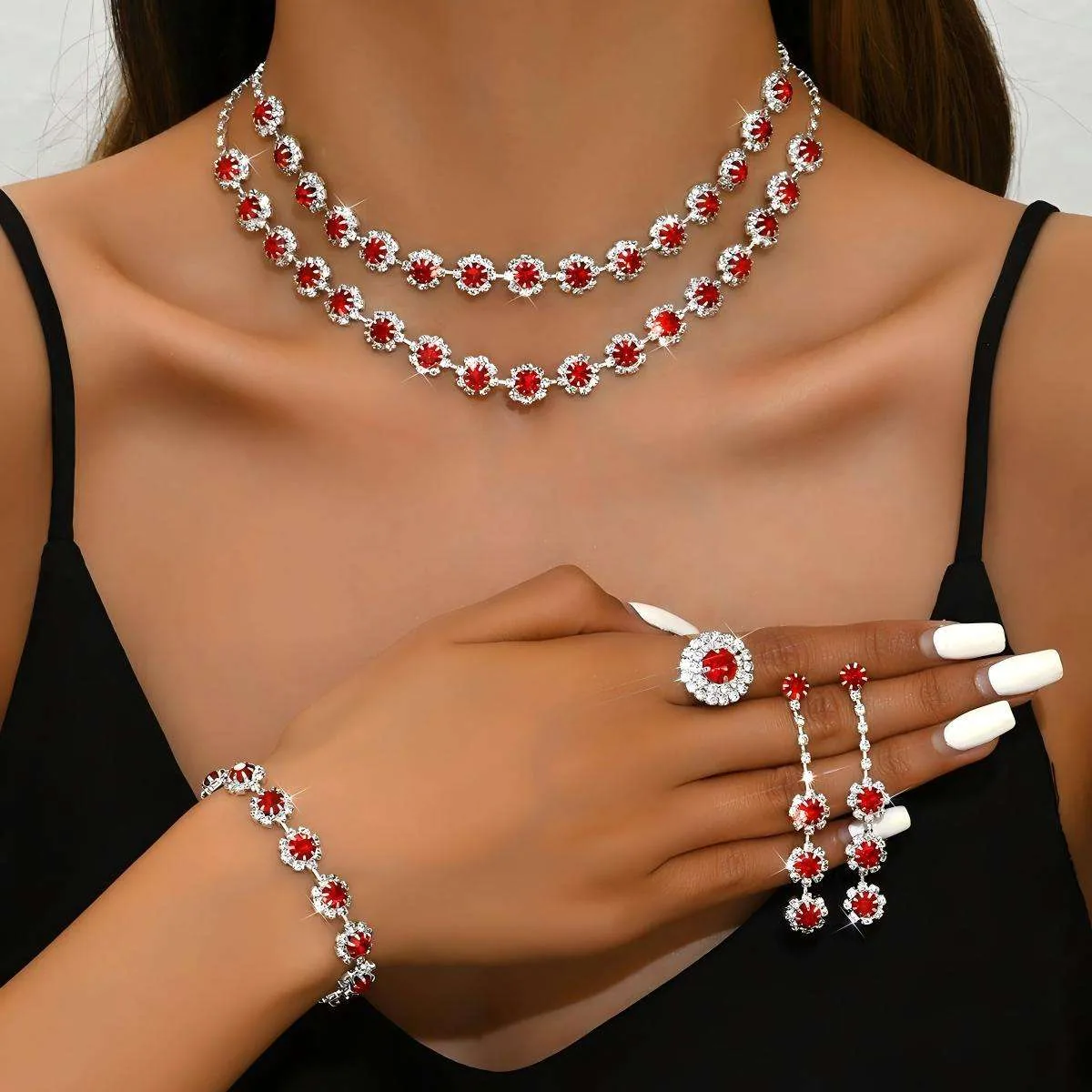 Custom Wholesale Jewelry Sets Silver Plated Flower Drops Diamond Copper Luxury Bracelet Ring Earrings Necklace for Women Set view 2