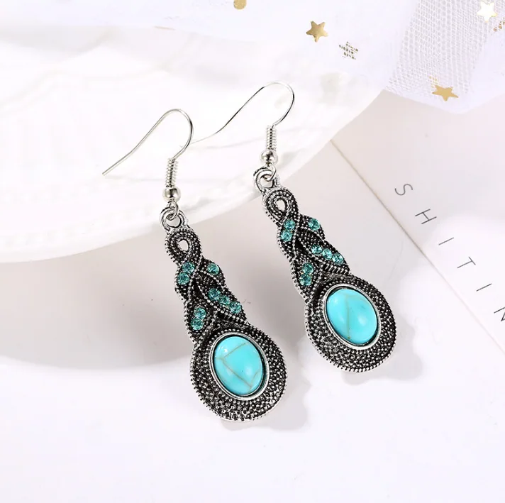 Vintage Bohemian Oval Turquoise Water Drop Crystal Jewelry Set Antique Silver Necklace Drop Earrings Women MOQ 6 Sets view 2