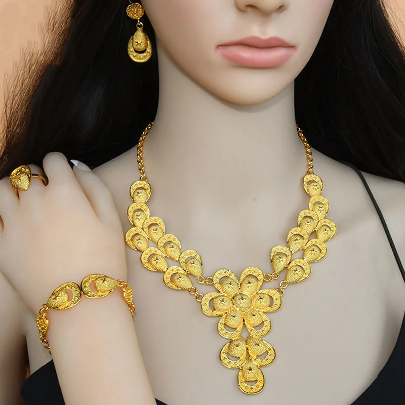 Custom Wholesale Dubai 24k Gold Plated Flower Luxury Necklace Wedding Fashion Jewelry Sets Accessories Necklaces for Women Set view 2