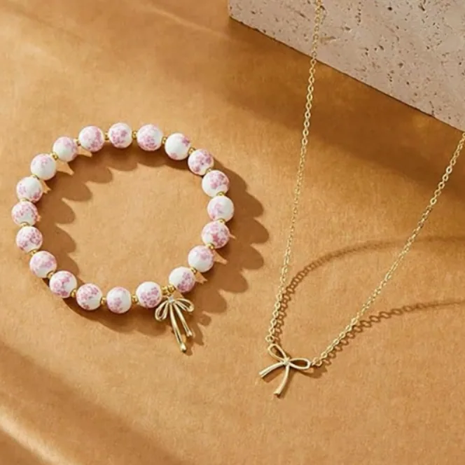 Handmade Stretch Ceramic Bead Bracelet Bow Gold Charm Necklace Set Chinese Vintage Pink Floral Porcelain Jewelry Friendship Gift For Best Friends Women Daily Wear Accessories