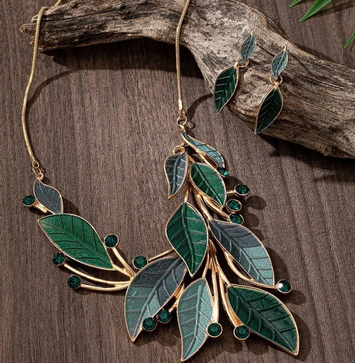 Electroplated Zinc Alloy Vintage Forest Multi Green Leaf Enamel Inlaid Crystal 2PCS Jewelry Set Gold Tone Vines Branch Statement Pendant Necklace Matching Drop Earrings Minimalist Nature Daily Party Women Jewelry Gift MOQ 6 Sets Temu Cross-border view 2