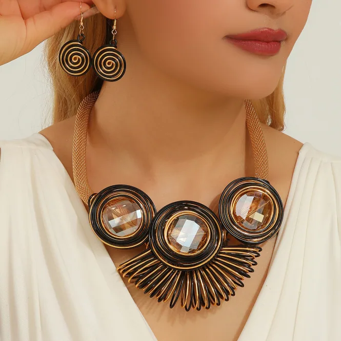 Oversized Crystal Circle Wire Woven 2PCS Jewelry Set Necklace Drop Earrings For Women MOQ 6 Sets view 3
