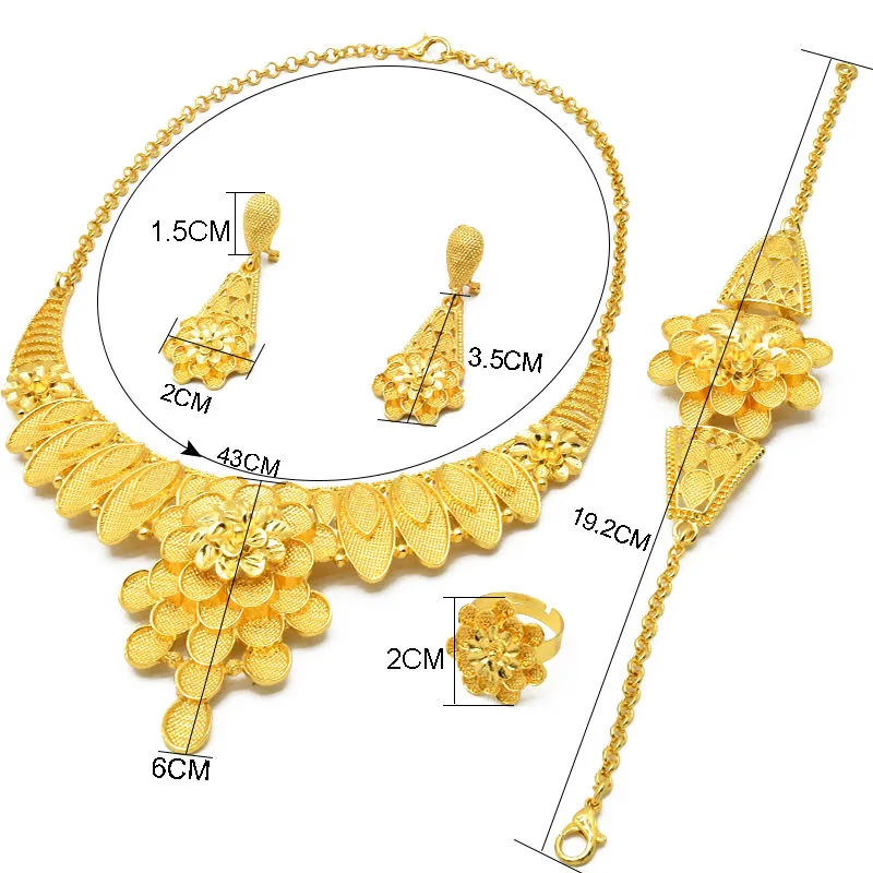 Luxury Gold Plated Alloy Jewelry Color Flower Set Women Necklace Earrings Ring Bracelet Exquisite African Middle Eastern Bridal view 3