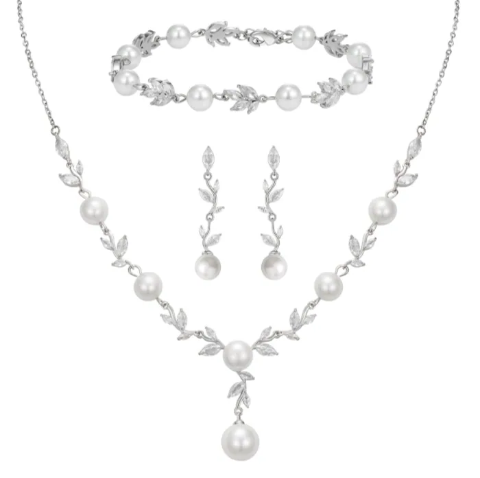 Leaf Vine Crystal Faux Pearl 3PCS Jewelry Set Necklace Earrings Bracelet Bridal Wedding Accessories