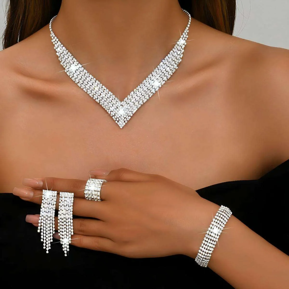 Fashion Luxury Diamond Shining Wedding Jewelry Tennis Tassel Silver studded Earrings Necklaces for Women Gift Set
