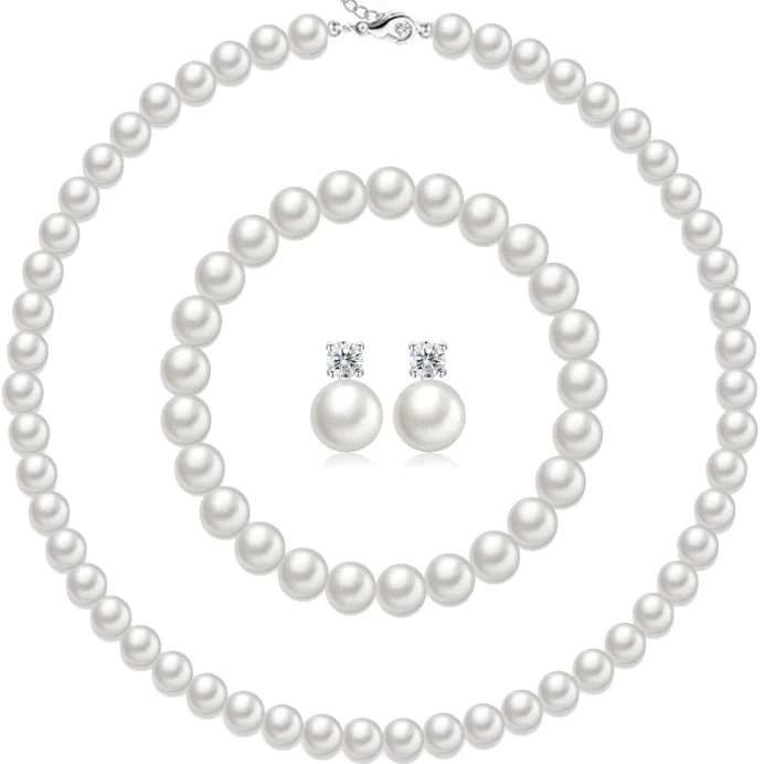 Wholesale Round Imitation Pearl Jewelry Set Choker Necklace Crystal Stud Earrings Elegant Women Daily Accessories