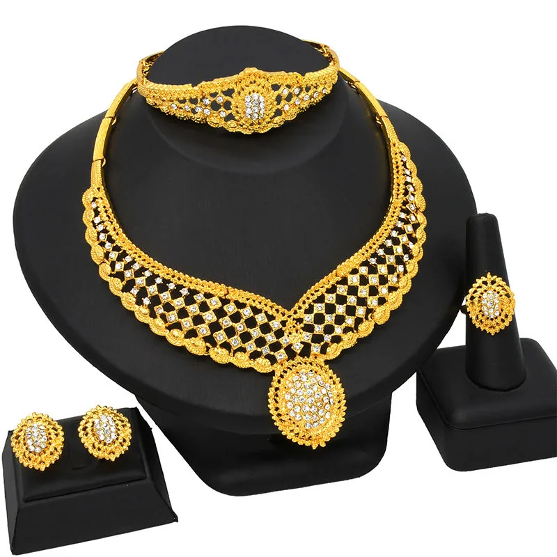 Luxury Gold Plated Fancy Diamond Jewelry Set for Women Including Necklace Earrings Ring Bracelet Set Ladies Wedding Party view 2