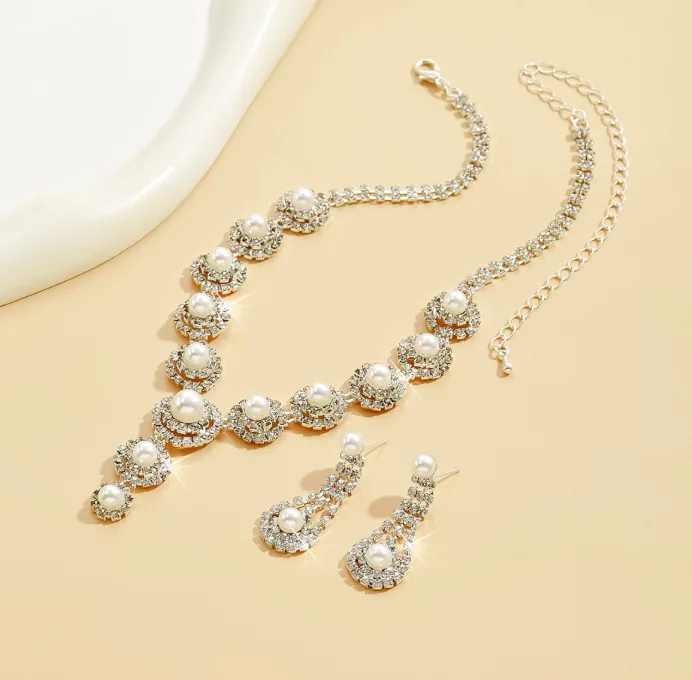 Wholesale V Shape Micro Pave Crystal Faux Pearl Bridal Jewelry Set Necklace Drop Earrings Bulk Supply Multi MOQ view 2
