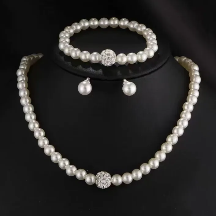 Wholesale Faux Pearl 3PCS Jewelry Set Crystal Ball Pendant Necklace Earrings Bracelet Women Daily Accessories 6PCS Minimum Order