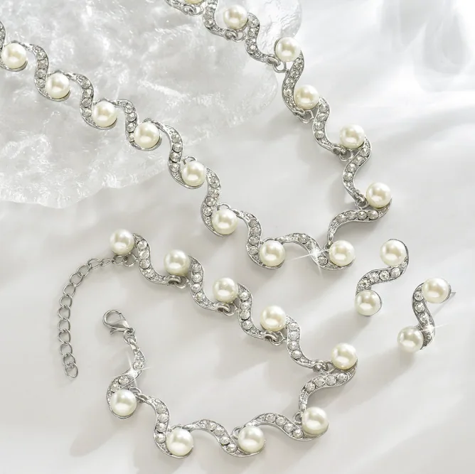 Wholesale S Wave Crystal Faux Pearl Jewelry Set Choker Necklace Stud Earrings Women Multi MOQ Bulk Supplier view 2