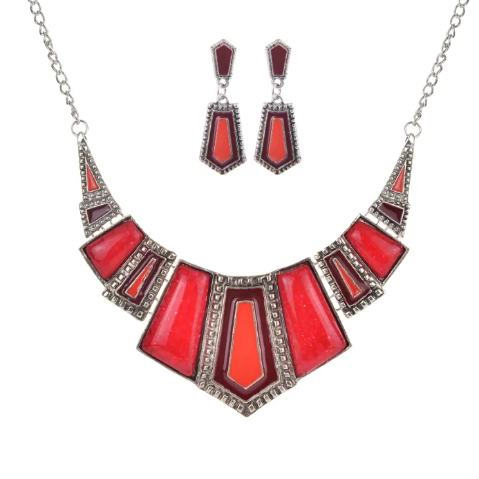Bohemian Vintage Imitation Stone Enamel Bib Choker Necklace Drop Earrings Women MOQ 6 Sets