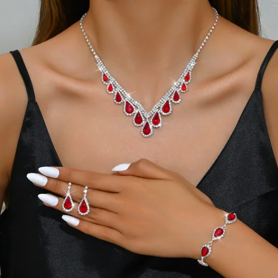 Custom Fashion Jewelry Sets Luxury Waterdrop V-shaped Elegant Diamond Pendant Necklace Copper Earrings Necklaces for Women Set view 3