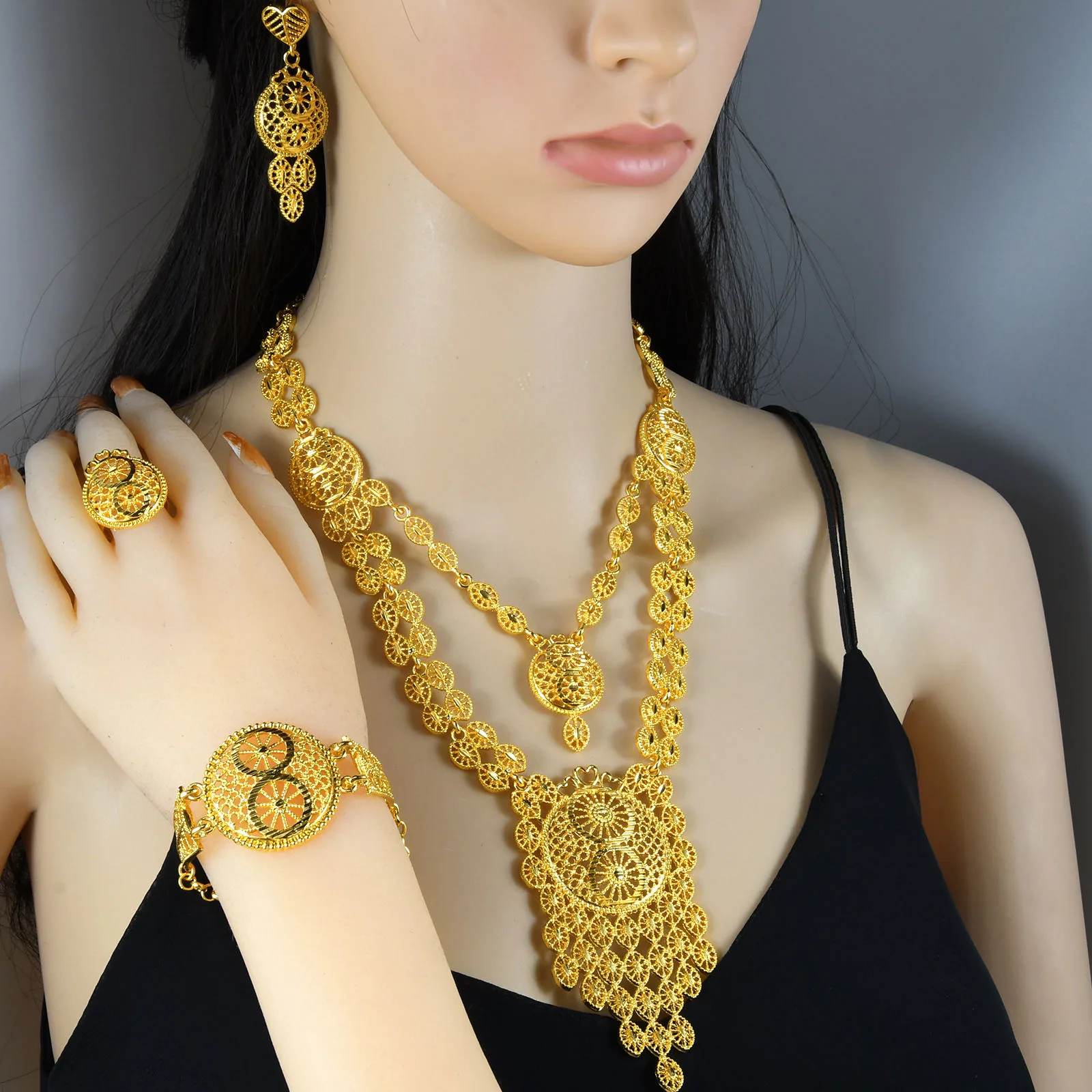 Luxury Designer Statement 24K Gold Plated Necklaces Earring Bracelet Ring for Women Ladies Dubai Wedding Bridal Jewelry Sets view 2