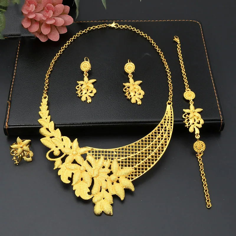 Wholesale Dubai Necklaces for Women Set Luxury 24K Gold Plated Necklace Bracelet Earrings Ring Fashion Wedding Jewelry