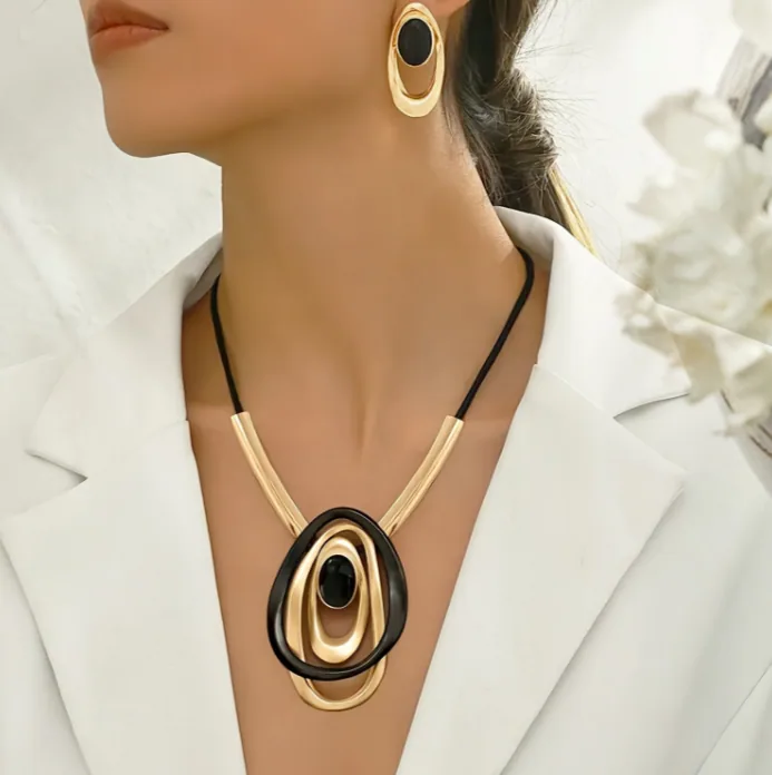 Luxury Vintage Multi Layer Oval Black Stone Matching Jewelry Set Wholesale Alloy Thin Cord Choker Necklace Dangle Earrings Gold Silver Tone Daily Work Party Women Outfit Accessories Bulk Order MOQ 6 Sets view 2