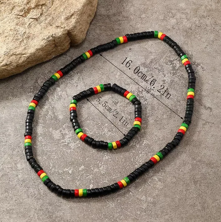 Wholesale Reggae Colorful Wood Bead Stretch Jewelry Set Necklace Bracelet No Pendant Women MOQ 6 Sets Bulk Supply view 2