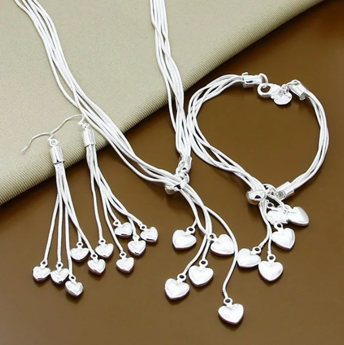 Silver Plated Multi Layer Heart Charm Snake Chain Necklace Bracelet Earrings Women MOQ 6 Sets view 2