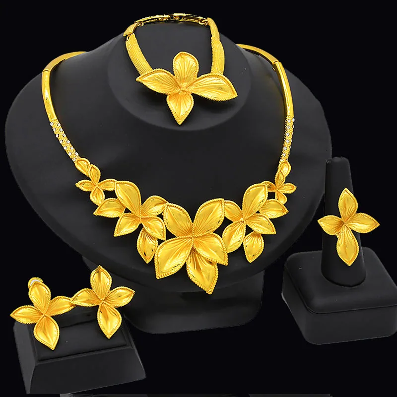 Luxury Gold Plated Flower Shape Wedding Jewelry Sets Gold Bridal Ring Earrings Bracelet Necklaces for Women Set
