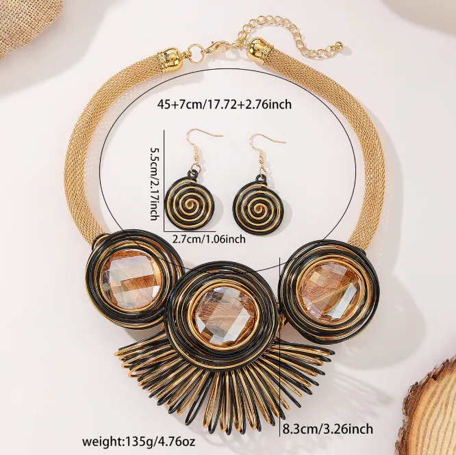 Oversized Crystal Circle Wire Woven 2PCS Jewelry Set Necklace Drop Earrings For Women MOQ 6 Sets view 2