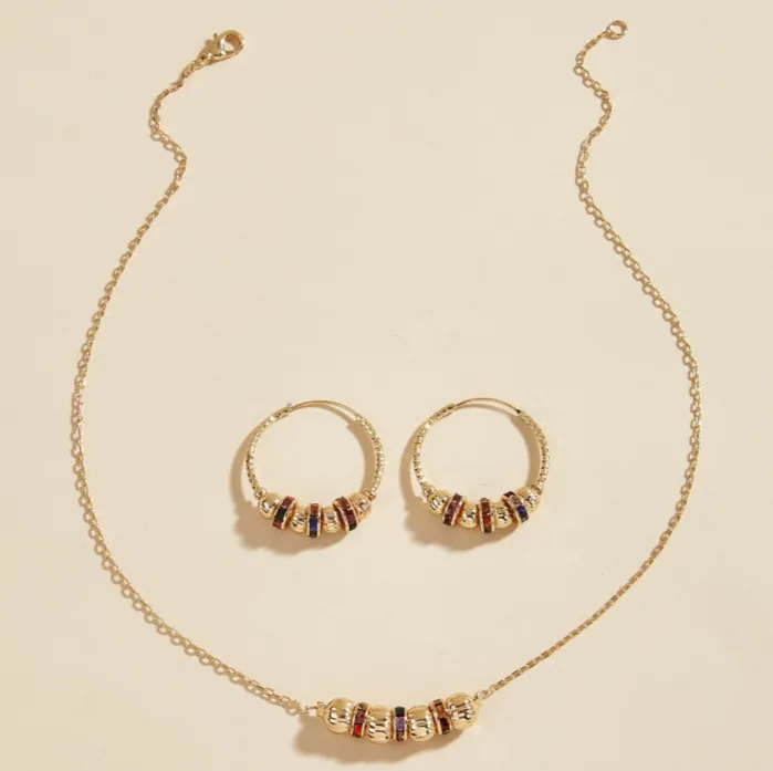Wholesale European Gold Plated Colorful Crystal Copper Bead Jewelry Set Thin Chain Necklace Hoop Earrings Women MOQ 6 Sets Bulk Supply view 3