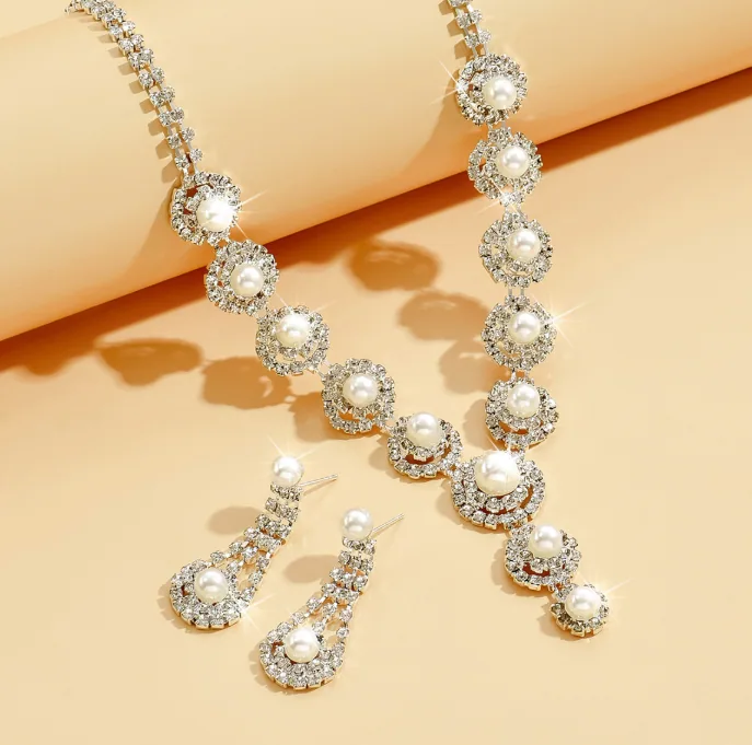 Wholesale V Shape Micro Pave Crystal Faux Pearl Bridal Jewelry Set Necklace Drop Earrings Bulk Supply Multi MOQ