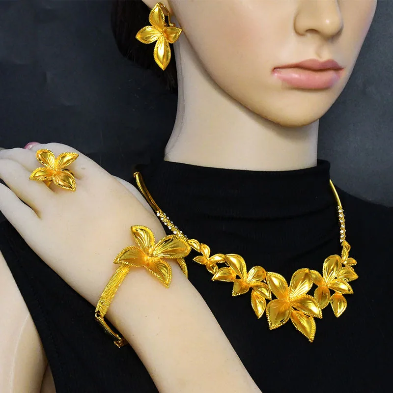 Luxury Gold Plated Flower Shape Wedding Jewelry Sets Gold Bridal Ring Earrings Bracelet Necklaces for Women Set view 3