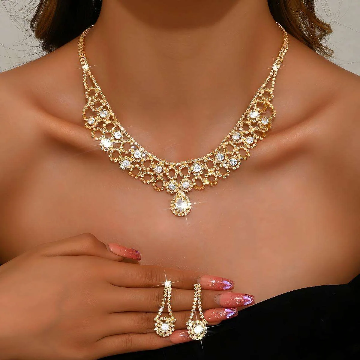 Designer Inspired Luxury Water Drop Diamond Gold Plated Copper Alloy Jewelry Wedding Party Earrings Necklaces for Women Sets view 3