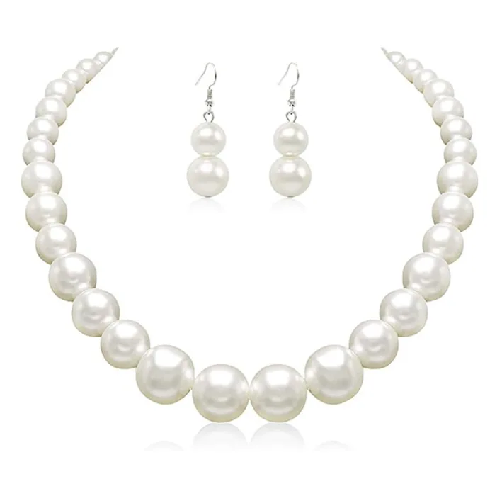 Wholesale Gradient Imitation Pearl Jewelry Set Choker Necklace Double Drop Earrings Sweet Women Daily Accessories MOQ 2PCS