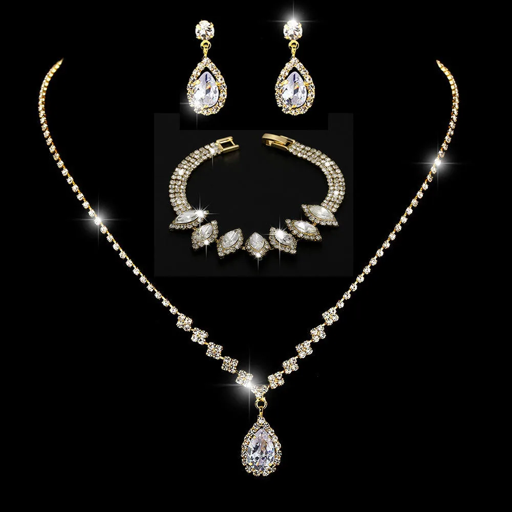 Luxury Waterdrop-shaped Diamond Pendant Necklace Earrings Set Elegant Custom Copper Alloy Jewelry for Women Gift