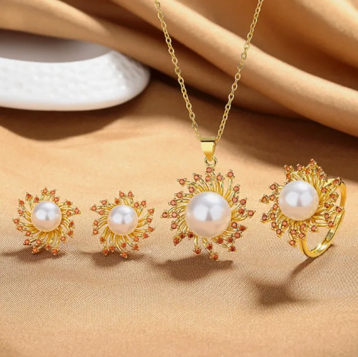 Vintage Fireworks Flower Micro Pave Imitation Pearl Jewelry Set Copper O Chain Pendant Necklace Stud Earrings Adjustable Open Ring Elegant Wedding Evening Party Jewelry Gift for Women