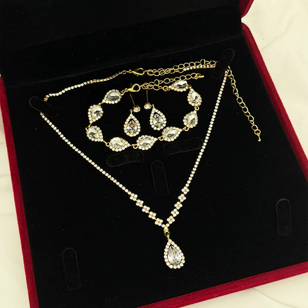 Luxury Waterdrop-shaped Diamond Pendant Necklace Earrings Set Elegant Custom Copper Alloy Jewelry for Women Gift view 2