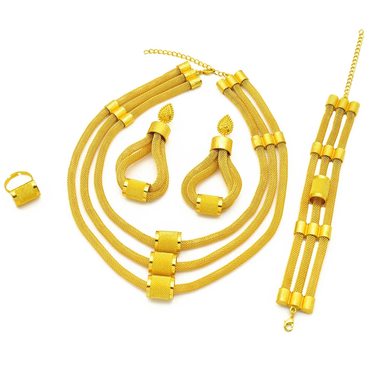 African Middle Eastern Style Gold Plated Jewelry Set Including Necklace Earrings Bracelet and Ring Elegant Wedding Party Jewelry