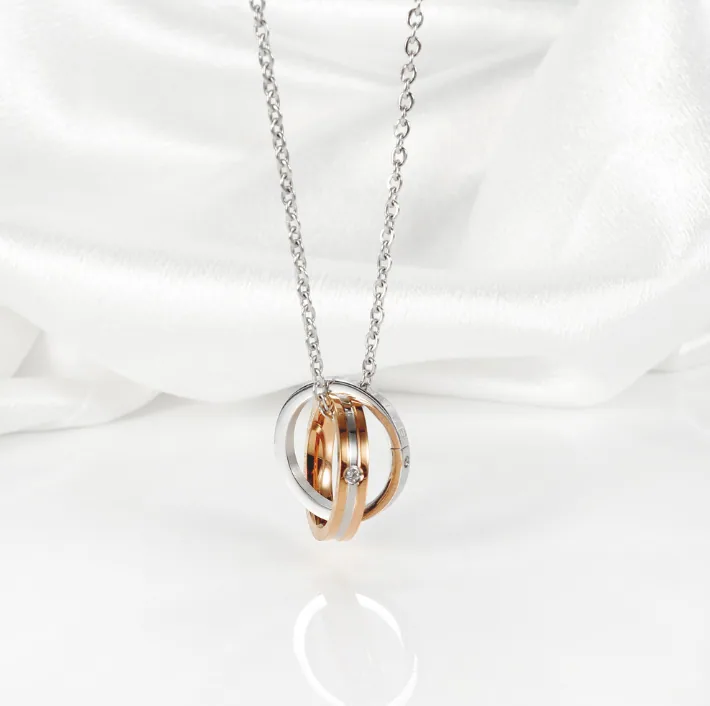 Electroplated Stainless Steel OPK Personality Double Interlocking Circle Rings Pendant Necklace Men Women Couple Matching Jewelry Separate Pendant / Full Chain Combo Minimalist Geometric Daily Gift MOQ 6 Sets Temu Cross-border view 3