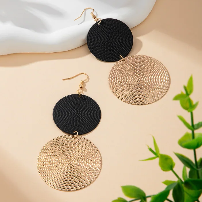 Minimalist European Two-Tone Mesh Circle Matching Jewelry Set Hollow Round Disc Bib Necklace Drop Earrings Daily Office Dating Women Outfit Accessories MOQ 6 Sets view 2
