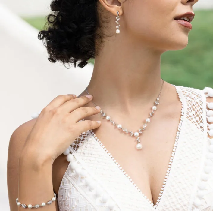 Leaf Vine Crystal Faux Pearl 3PCS Jewelry Set Necklace Earrings Bracelet Bridal Wedding Accessories view 3