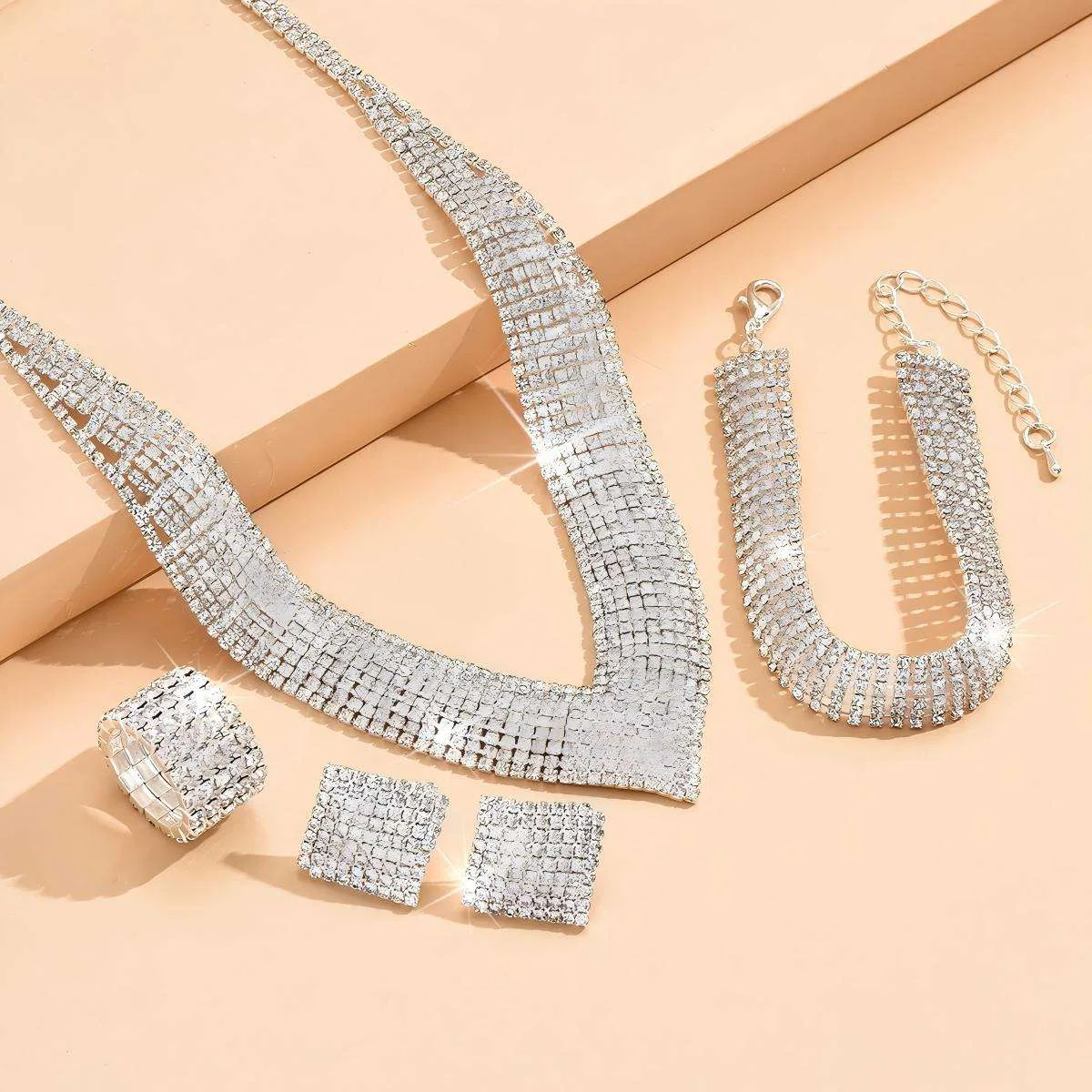 Fashion Luxury Diamond Shining Wedding Jewelry Tennis Tassel Silver studded Earrings Necklaces for Women Gift Set view 2