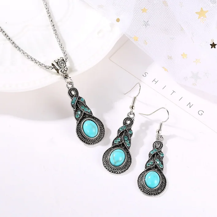 Vintage Bohemian Oval Turquoise Water Drop Crystal Jewelry Set Antique Silver Necklace Drop Earrings Women MOQ 6 Sets