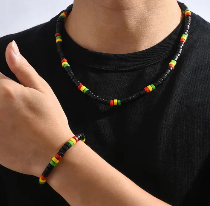 Wholesale Reggae Colorful Wood Bead Stretch Jewelry Set Necklace Bracelet No Pendant Women MOQ 6 Sets Bulk Supply view 3