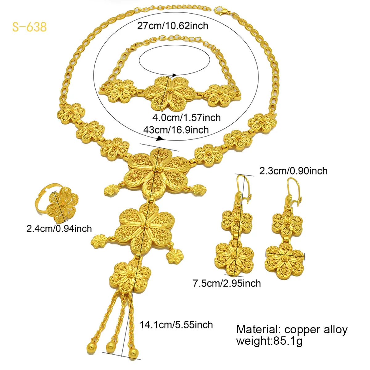 Dubai Middle East Bridal Wedding Jewelry Sets Luxury Gold Plated Fashion Trendy Flower-shaped Necklaces for Women 4 Pcs Set view 3