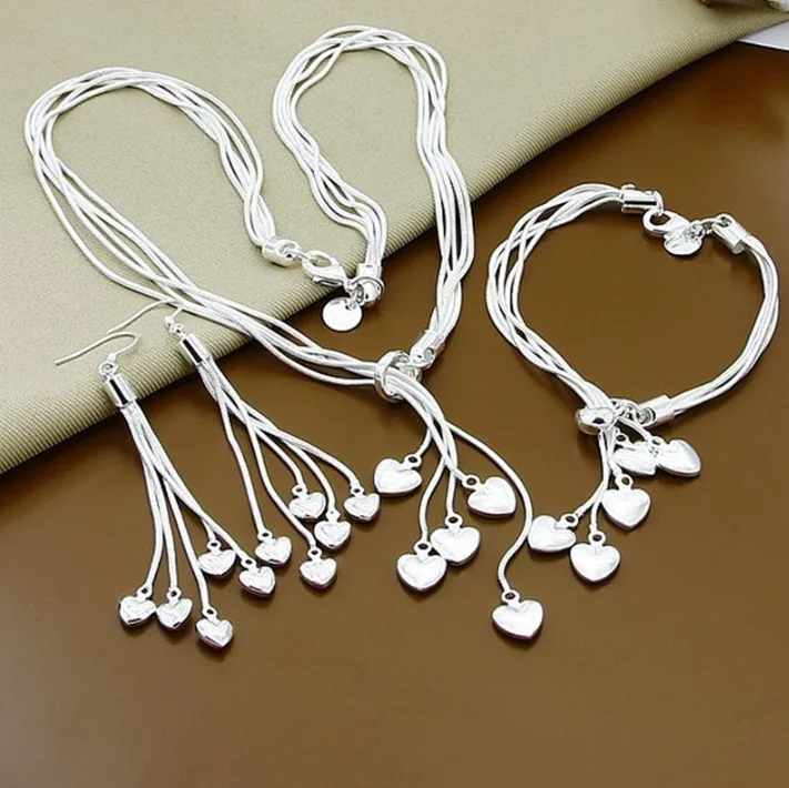 Silver Plated Multi Layer Heart Charm Snake Chain Necklace Bracelet Earrings Women MOQ 6 Sets