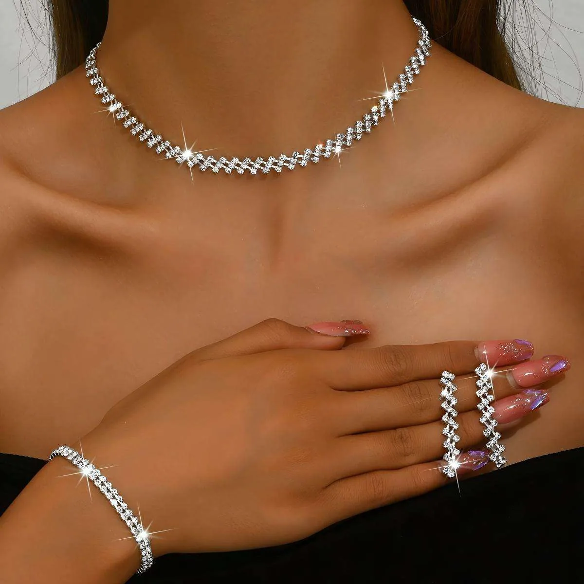 Women's Custom Set Luxury Diamond Alloy Charm Wholesale Dainty Earrings Bracelet Choker Necklaces for Women Fashion Jewelry Sets view 2