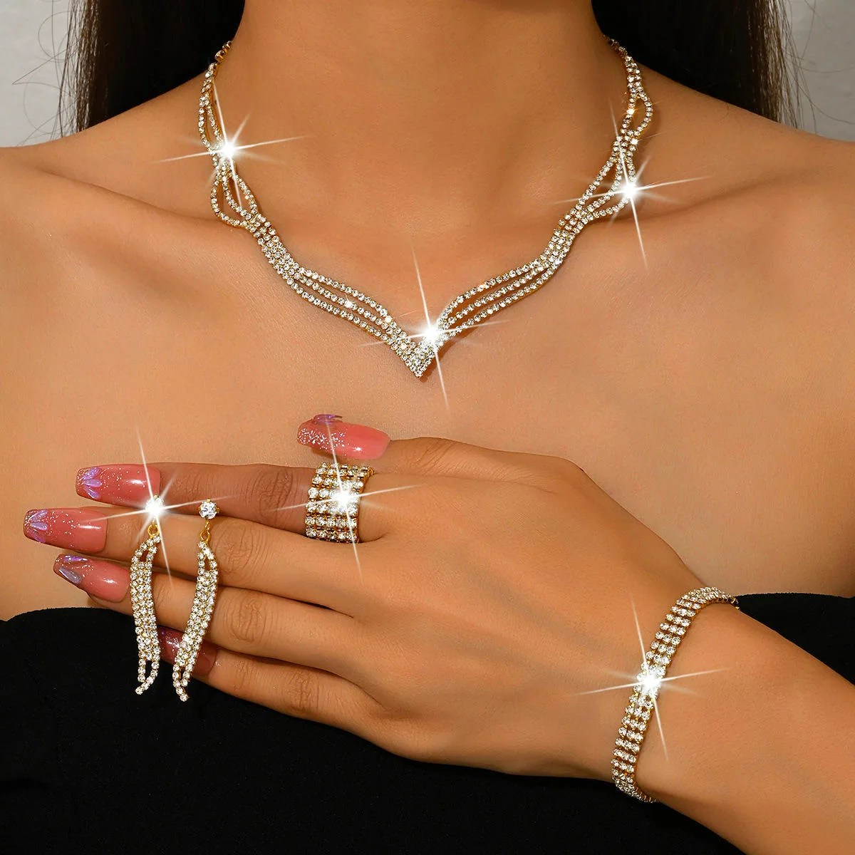 Custom Luxury Diamond Pendant Jewelry Set Women Dainty Layered Stacked Chain Earrings Bracelet Necklaces for Wedding Gift view 2