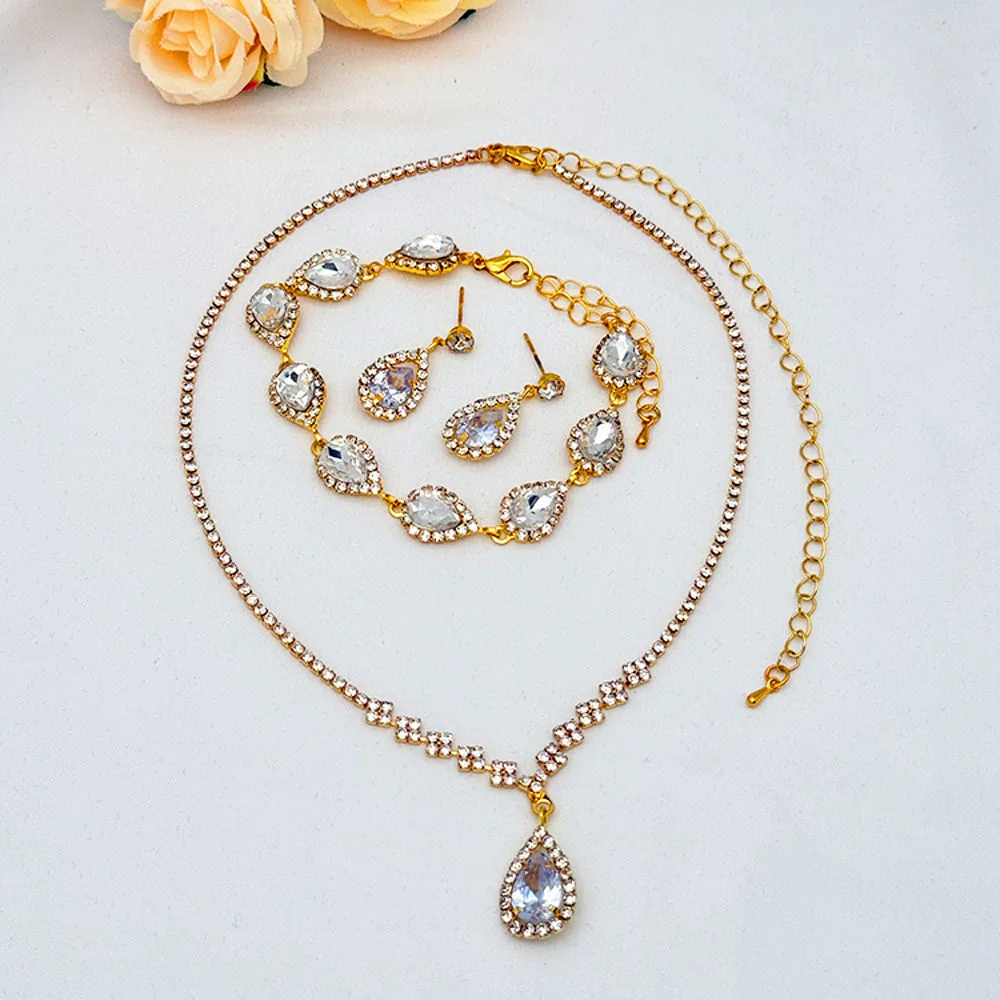 Luxury Waterdrop-shaped Diamond Pendant Necklace Earrings Set Elegant Custom Copper Alloy Jewelry for Women Gift view 3