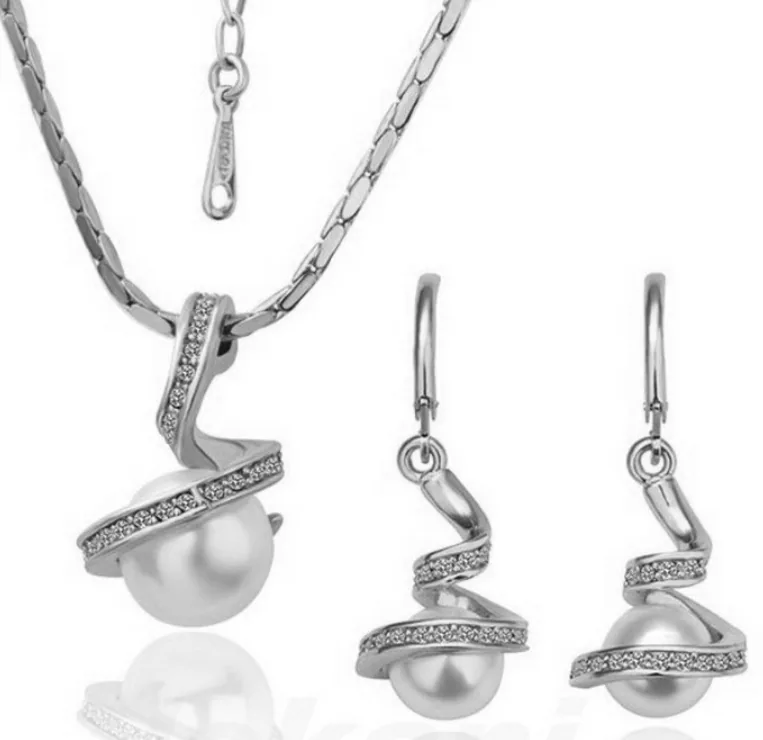 Wholesale Korean Twist Spiral Crystal Faux Pearl Jewelry Set Choker Necklace Hook Earrings Multi MOQ Bulk Supplier view 2