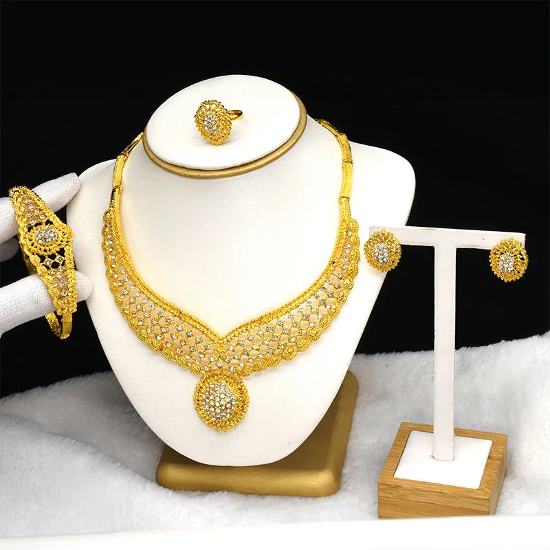 Luxury Gold Plated Fancy Diamond Jewelry Set for Women Including Necklace Earrings Ring Bracelet Set Ladies Wedding Party view 3