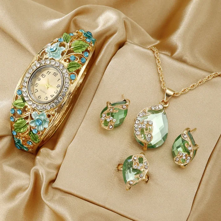 Alloy Vintage Palace Cloisonne Floral Enamel Quartz Pointer Watch 4PCS Jewelry Set Water Drop Green Crystal Pendant Necklace Stud Earrings Ring Elegant Antique Decor Women Jewelry Gift MOQ 6 Sets Temu Cross-border