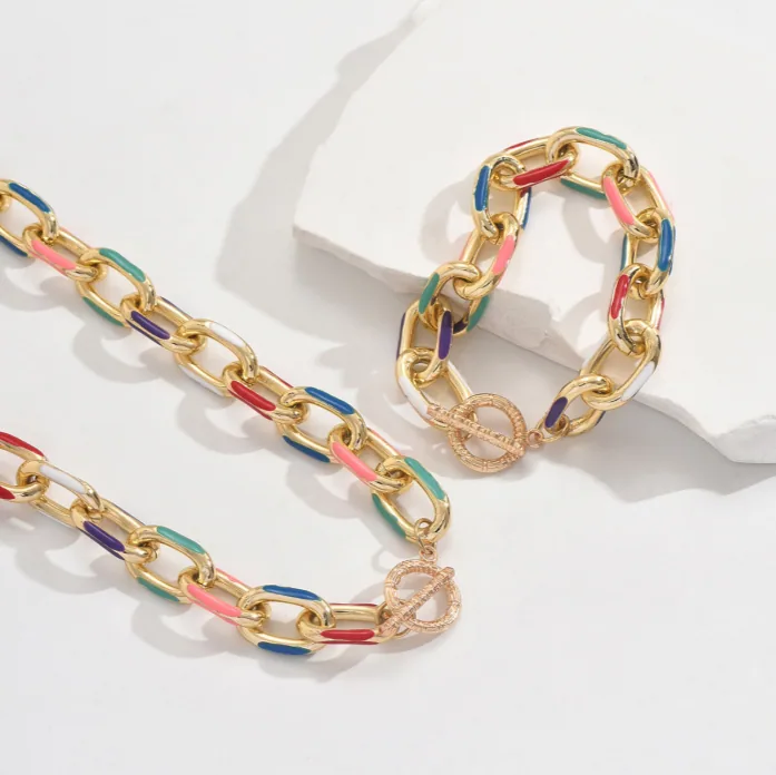 Wholesale OT Clasp Colorful Enamel Chunky Chain Jewelry Set Necklace Bracelet Hip Hop Women MOQ 6 Sets Bulk Supply view 2