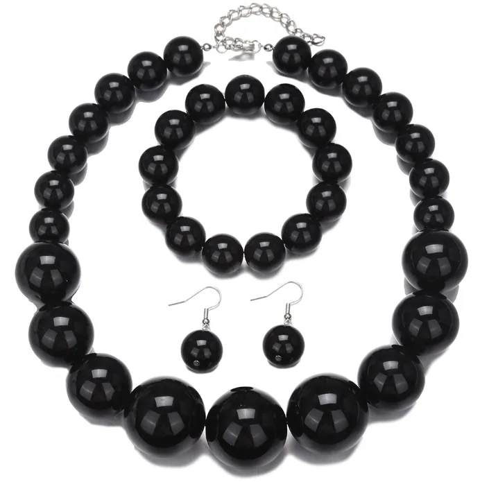 Wholesale Boho Chunky Two Tone Faux Pearl 3PCS Jewelry Set Necklace Bracelet Earrings Women MOQ 6 Sets Bulk Supply view 3