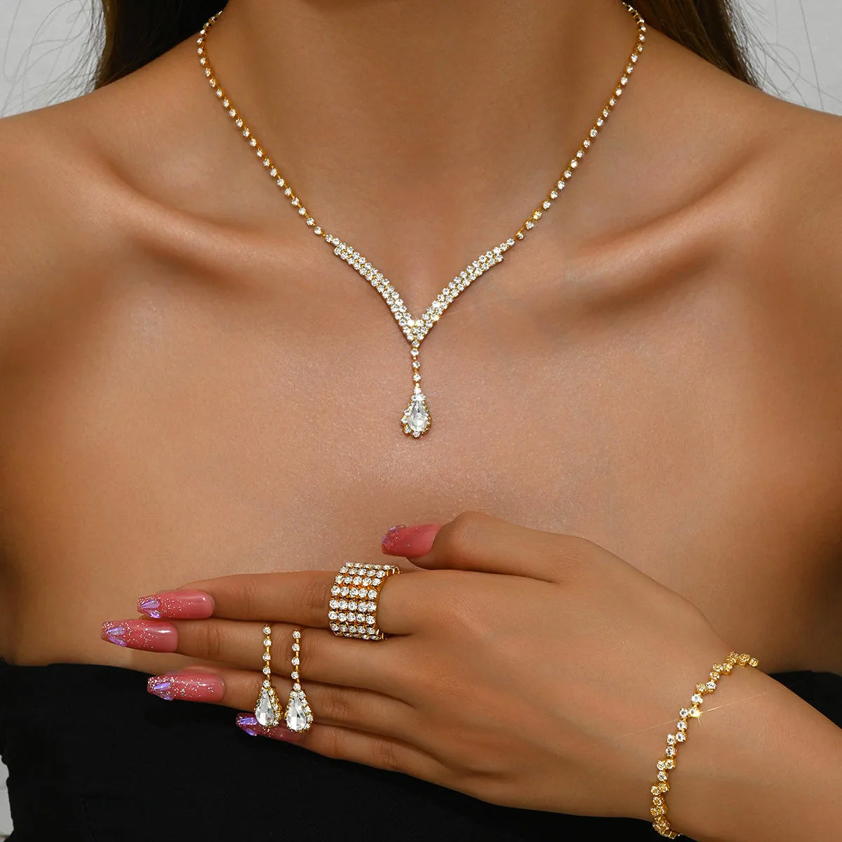 Joias De Luxo Luxury Diamond Rhinestone Y Shaped Pendant Necklaces Designer Wedding Drop Earrings Rings Jewelry for Women Sets view 3